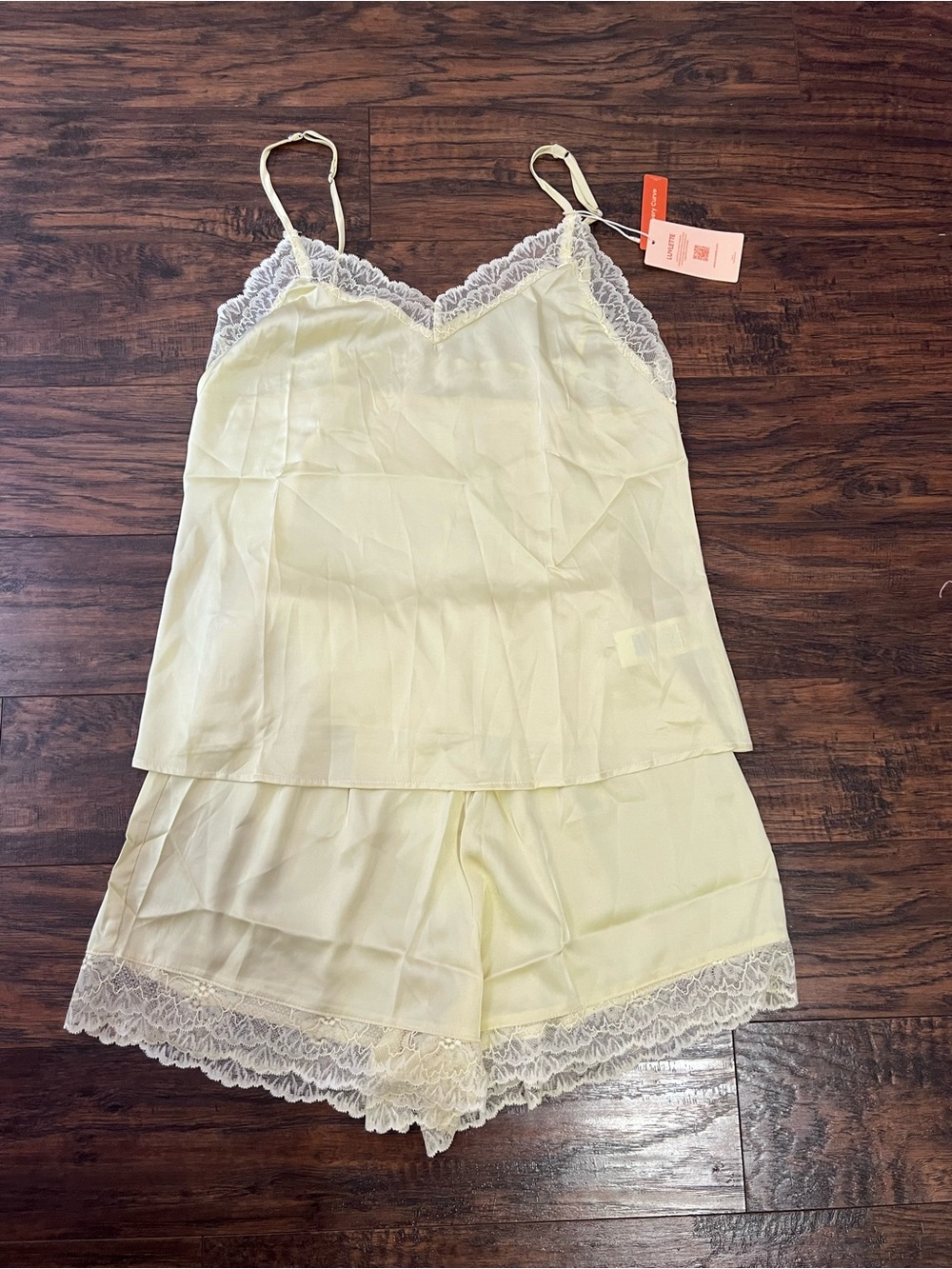 SHEIN Pale Yellow Satin Lace-Trim Cami & Shorts Sleep Set